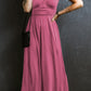 Short Sleeve Shirred High Waist V Neck Maxi Dress