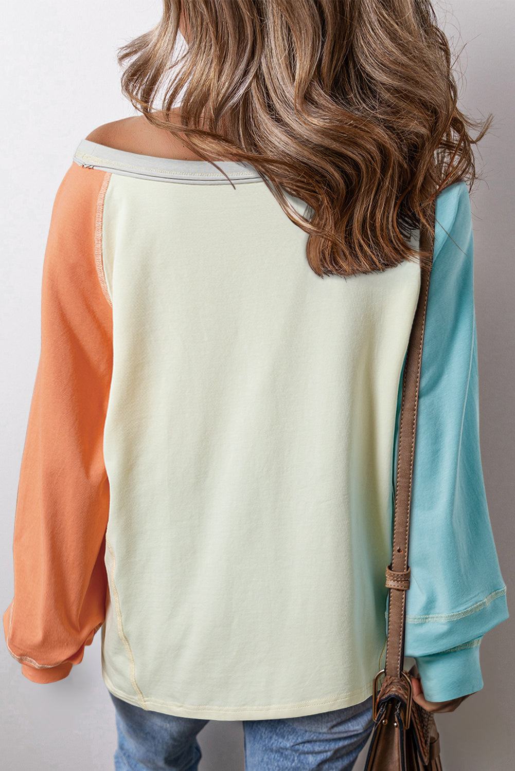 Cream Colorblock Patchwork Crew Neck Long Sleeve Top