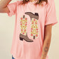 Western Floral Boots Print Round Neck Loose T Shirt