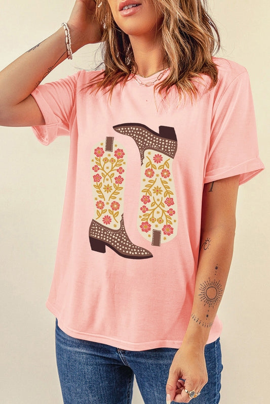 Western Floral Boots Print Round Neck Loose T Shirt