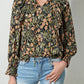 Plus Size Split Neck Ruffled Bubble Sleeve Floral Blouse