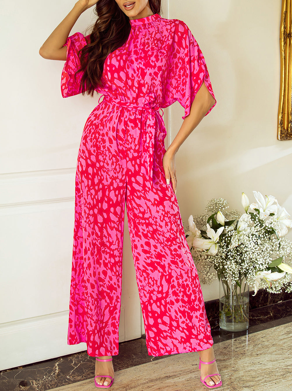 Leopard Loose Sleeve Belted Wide Leg Jumpsuit