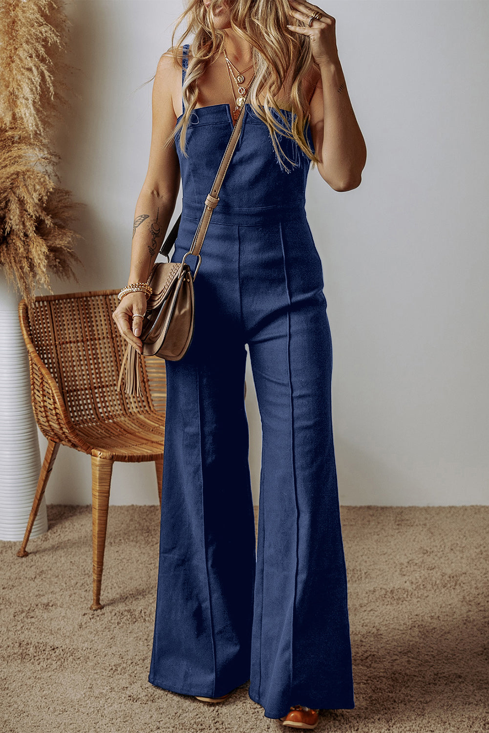 Seamed Zipper Spaghetti Strap High Waist Flared Jumpsuit