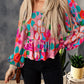 Floral Print Smocked Square Neck Ruffles Blouse