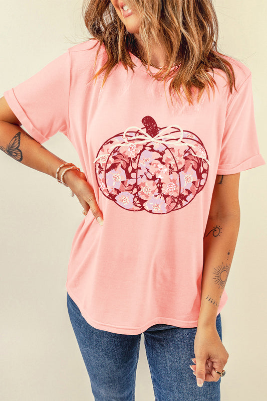 Floral Pumpkin Print Crew Neck Casual T Shirt