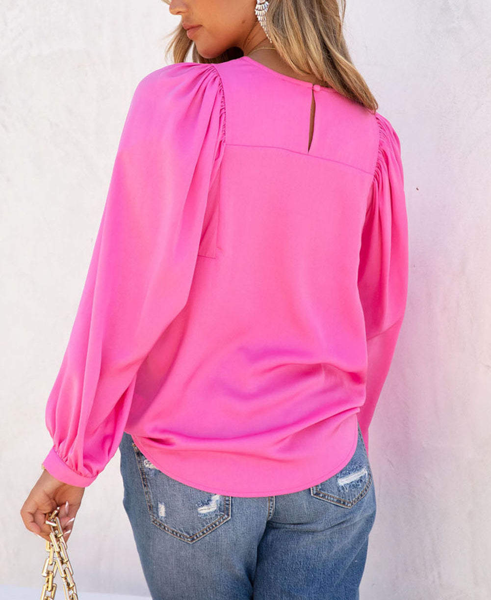 Satin Puff Long Sleeve Crewneck Blouse