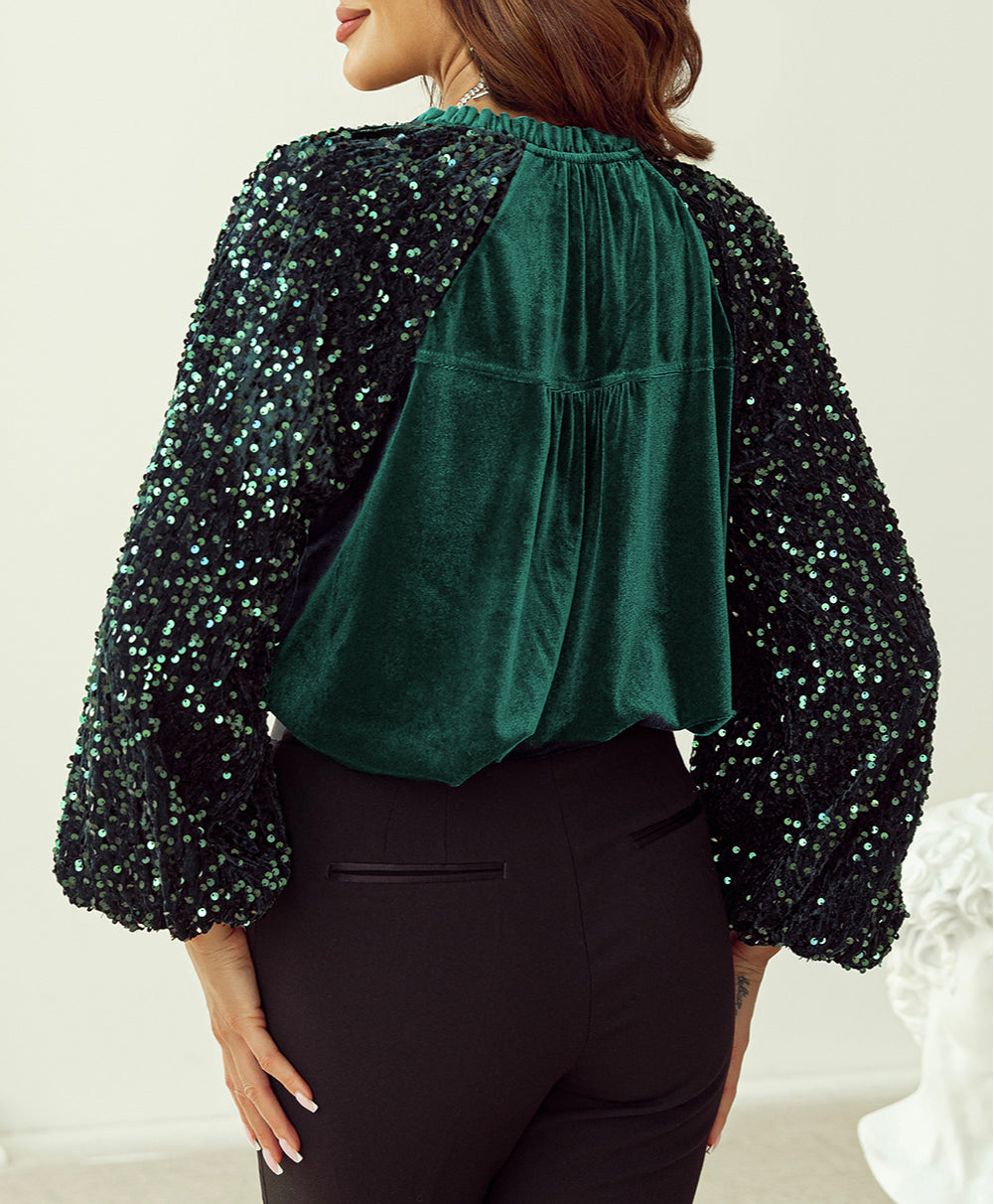 Sequin Patchwork Sleeve Button Up Velvet Top