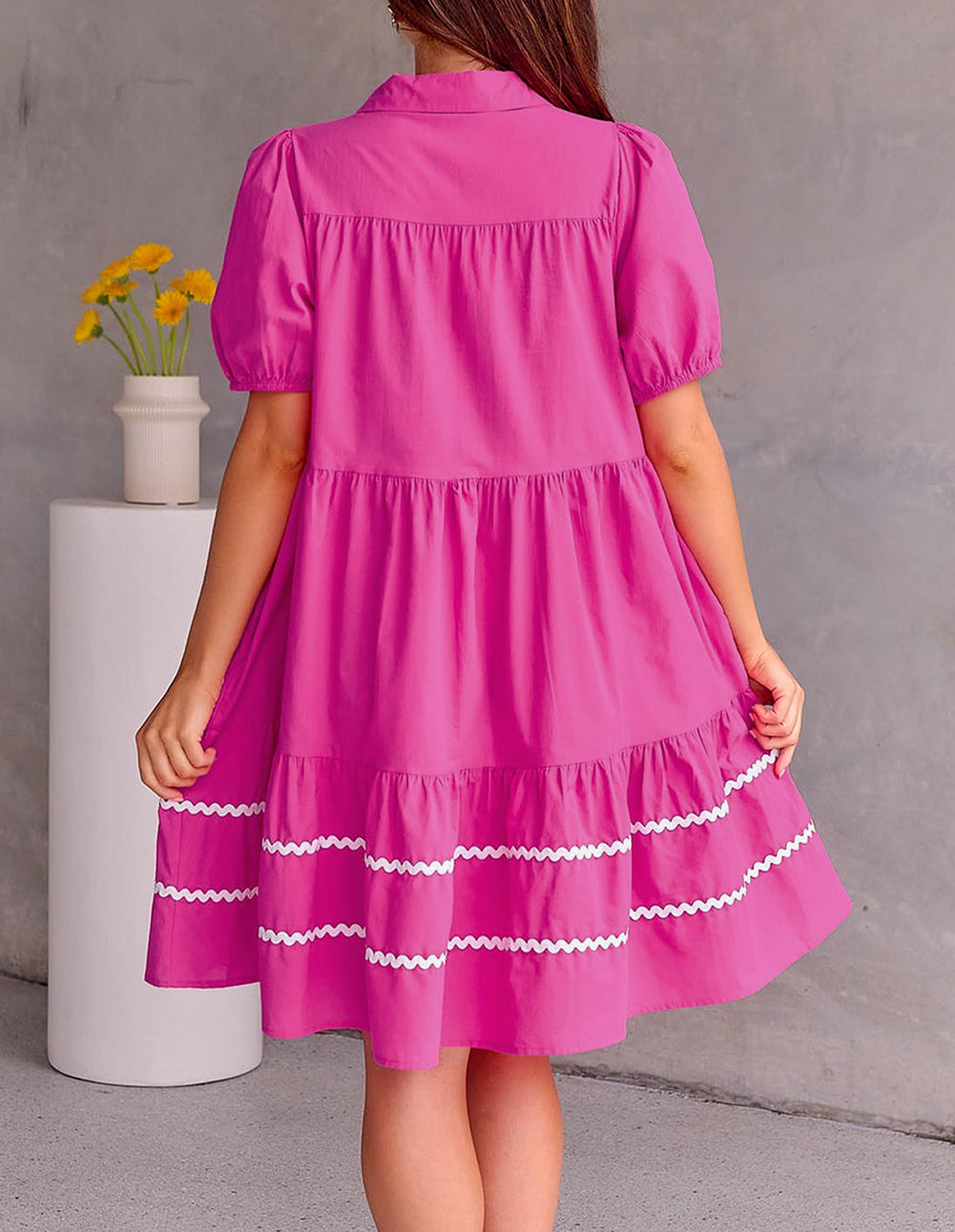 Puff Sleeve Contrast Ric-rac Shirt Dress