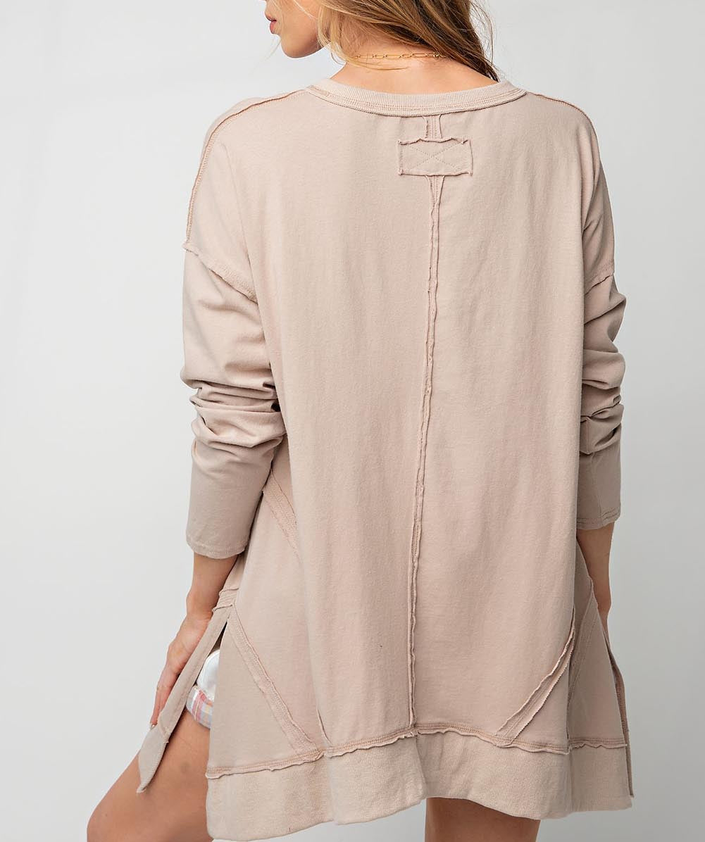 Exposed Seam V Neck Split Hem Tunic Top