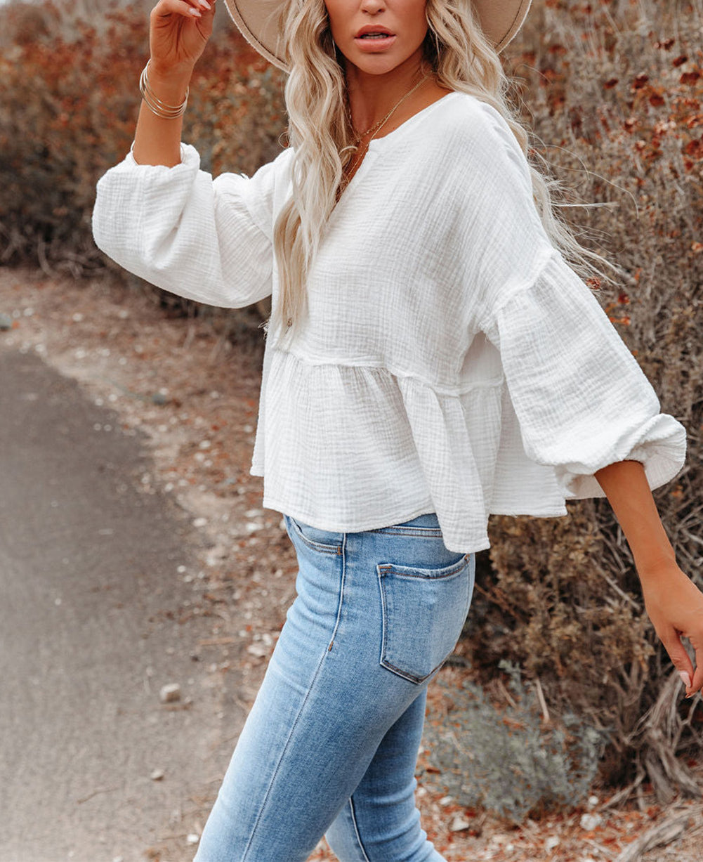 Retro Stitching Long Sleeve Peplum Blouse