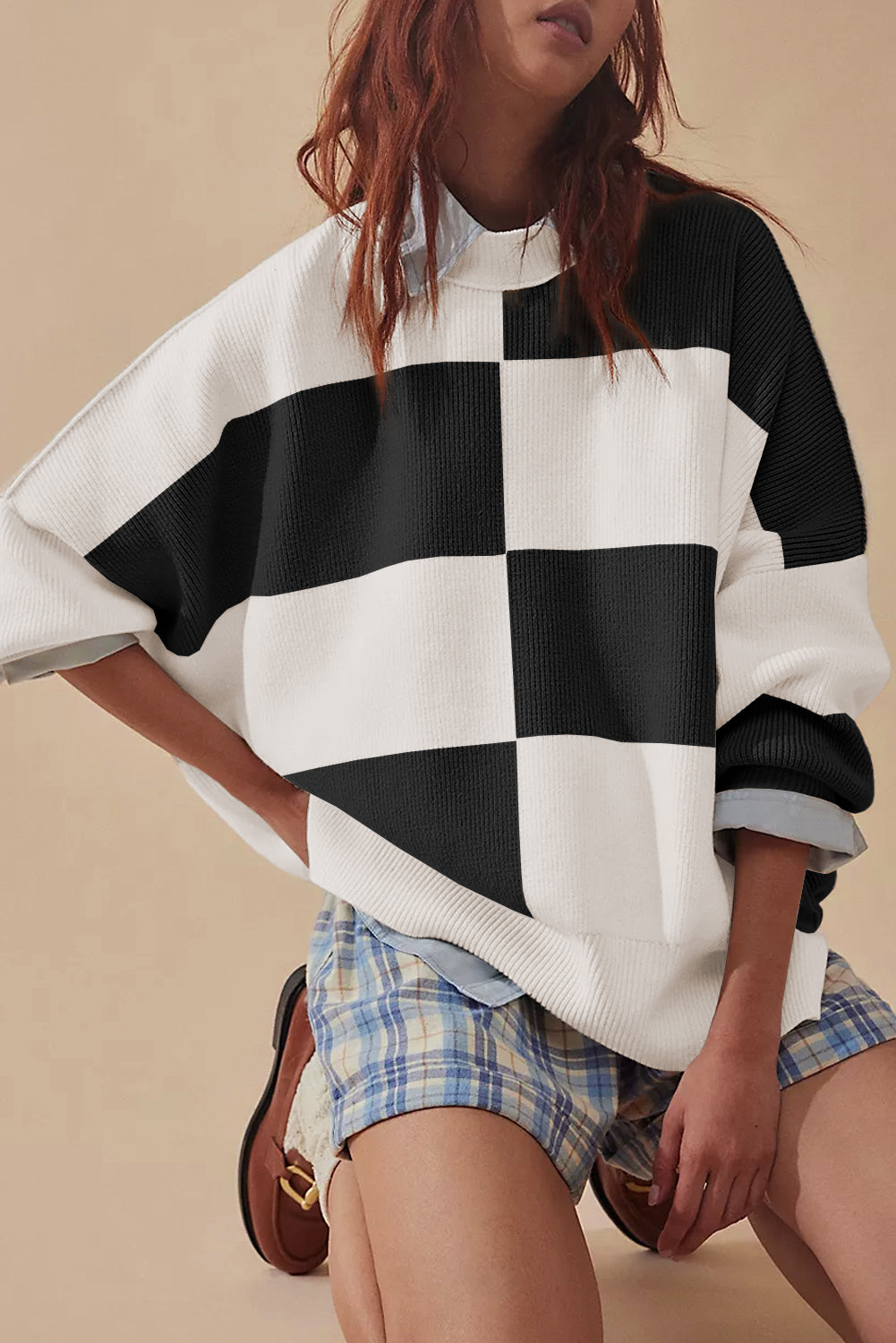 Checkered Side Slits Drop Shoulder Oversized Sweater