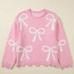 Pearl Beaded Bowknot Pattern Distressed Split Hem Sweater