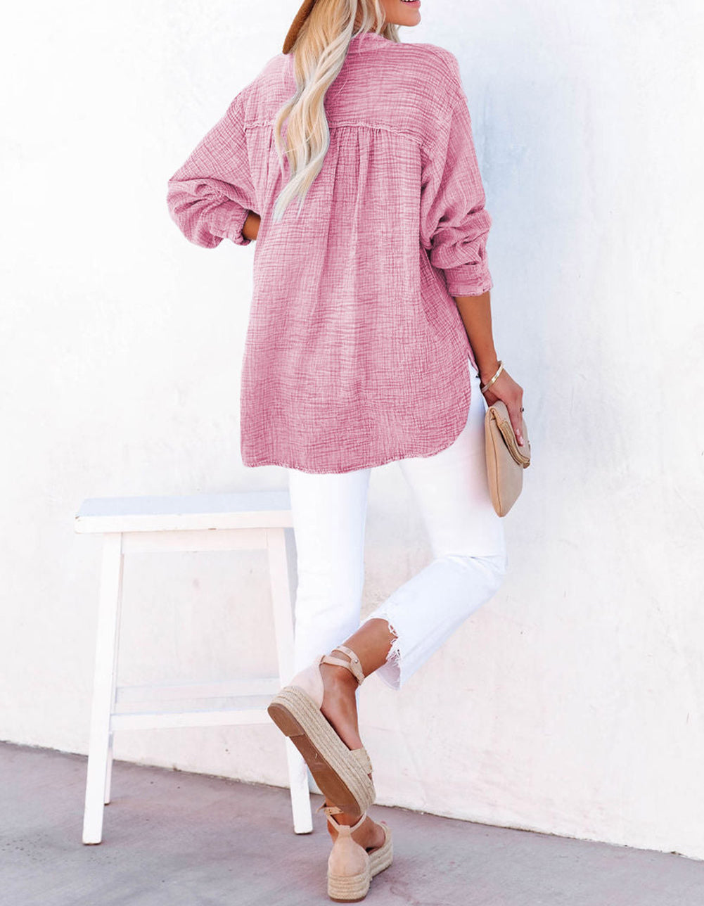Crinkle Textured Loose Henley Top