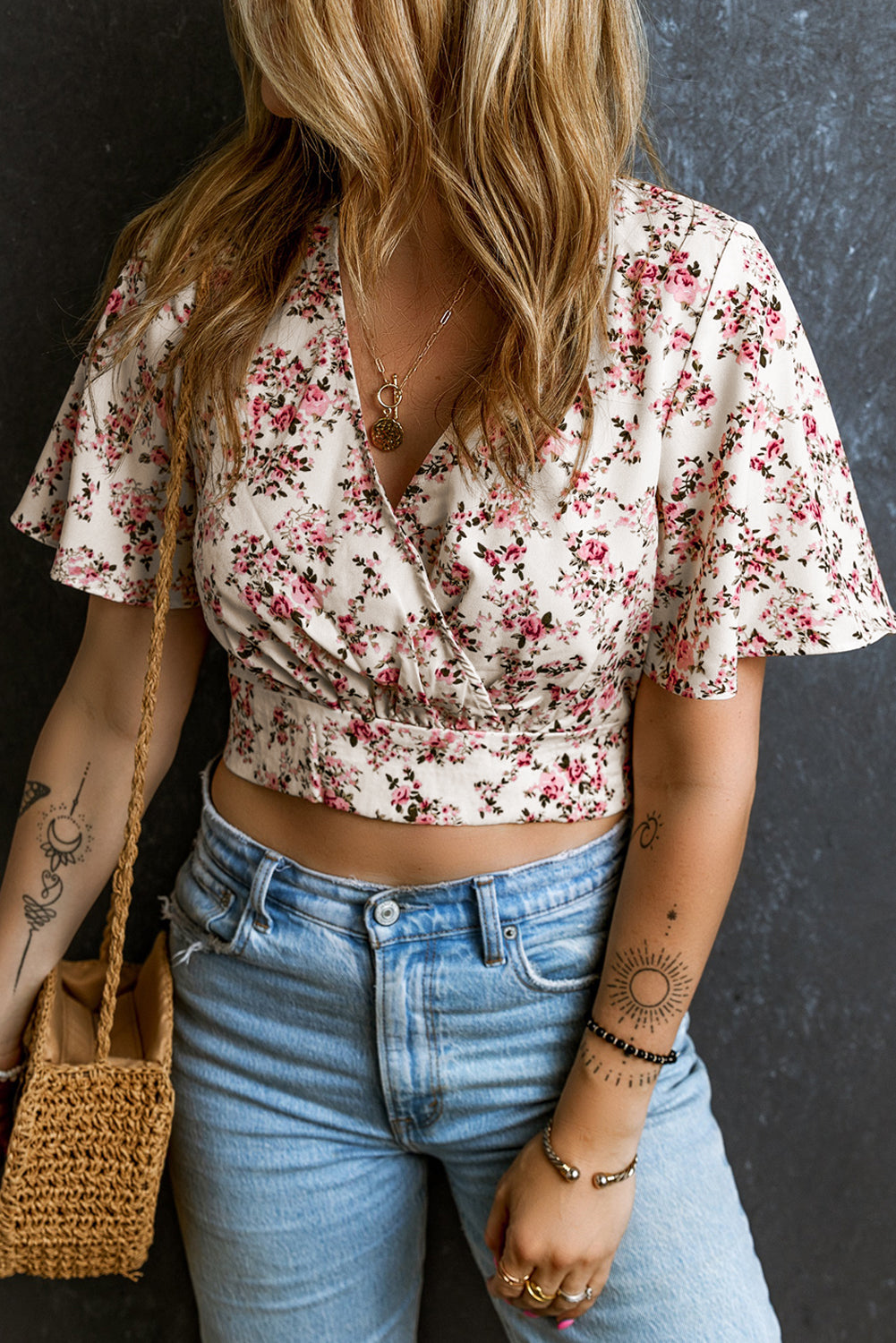 Floral Print V Neck Wrapped Cropped Blouse