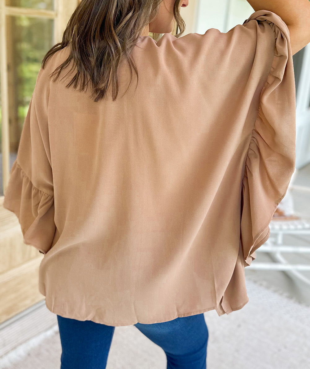 Plus Size Ruffled Batwing Sleeve V Neck Blouse