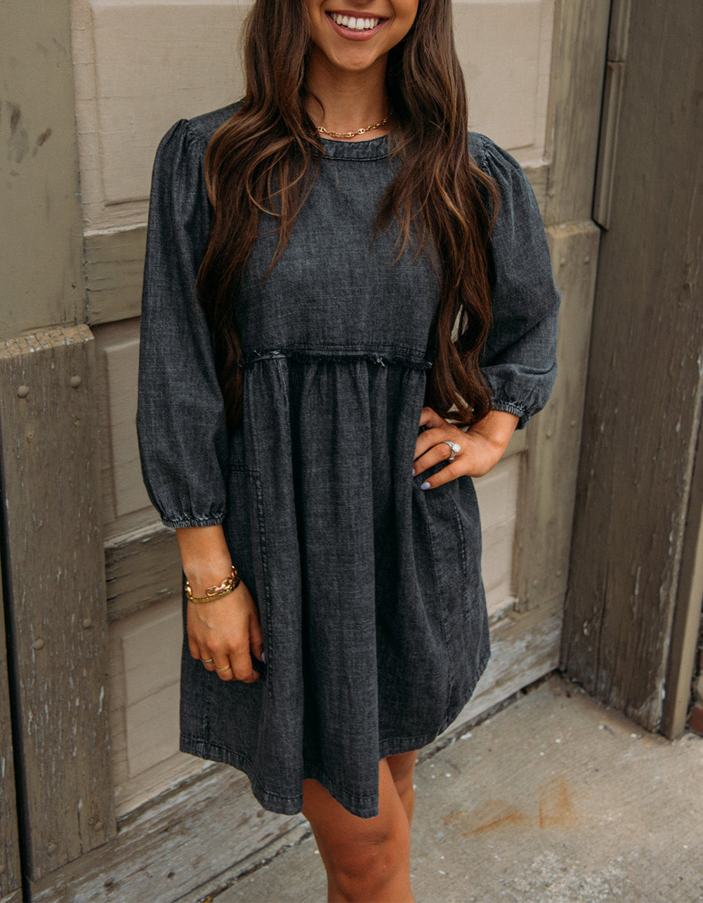 Balloon Sleeve High Waist Denim Dress
