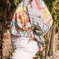 Abstract Print Drawstring V Neck Plus Size Blouse