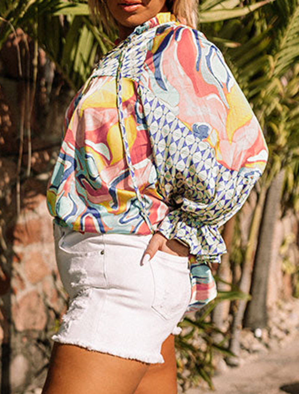 Abstract Print Drawstring V Neck Plus Size Blouse
