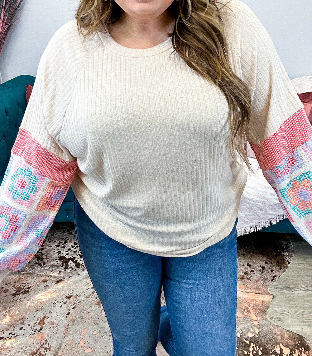 Plus Size Floral Print Raglan Bubble Sleeve Top