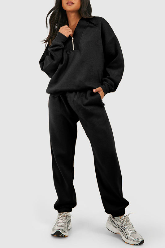 Plain Half Zip V Neck Ribbed Edge Loose Tracksuit