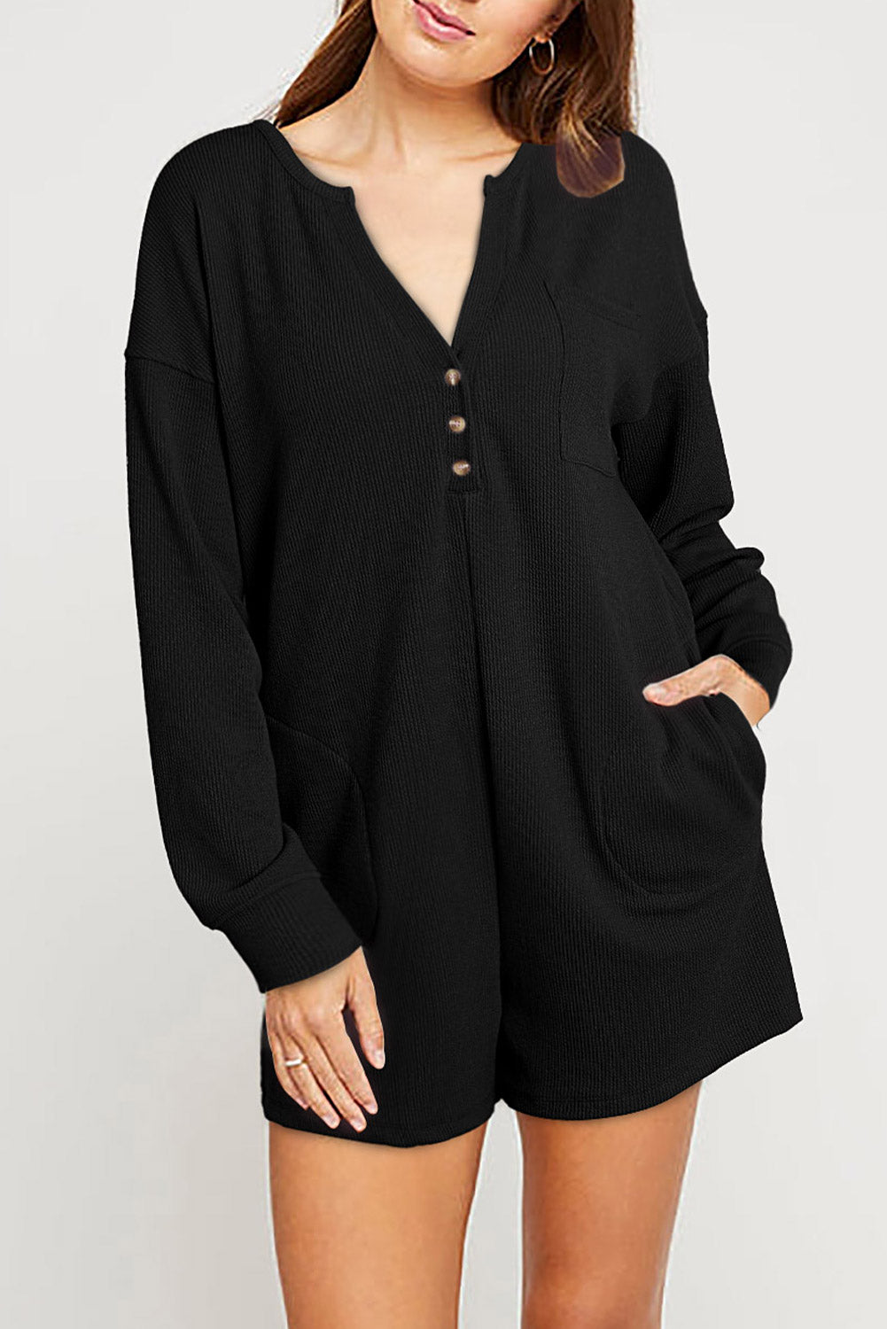 Brushed Ribbed Button Split V Neck Long Sleeve Romper