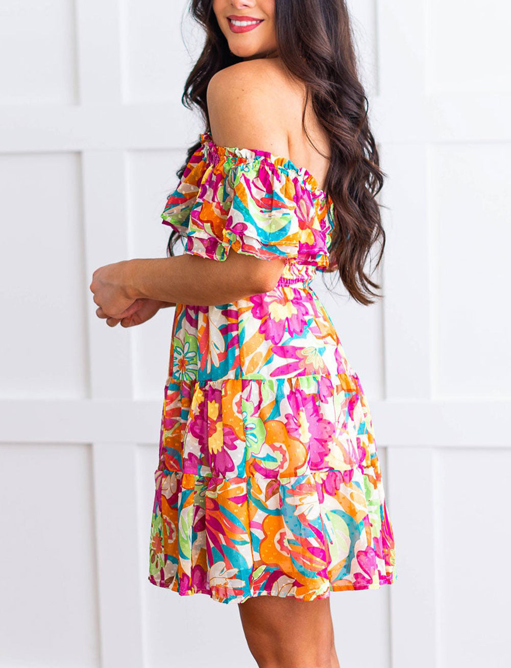 Boho Off-shoulder Smocked Tiered Floral Dress