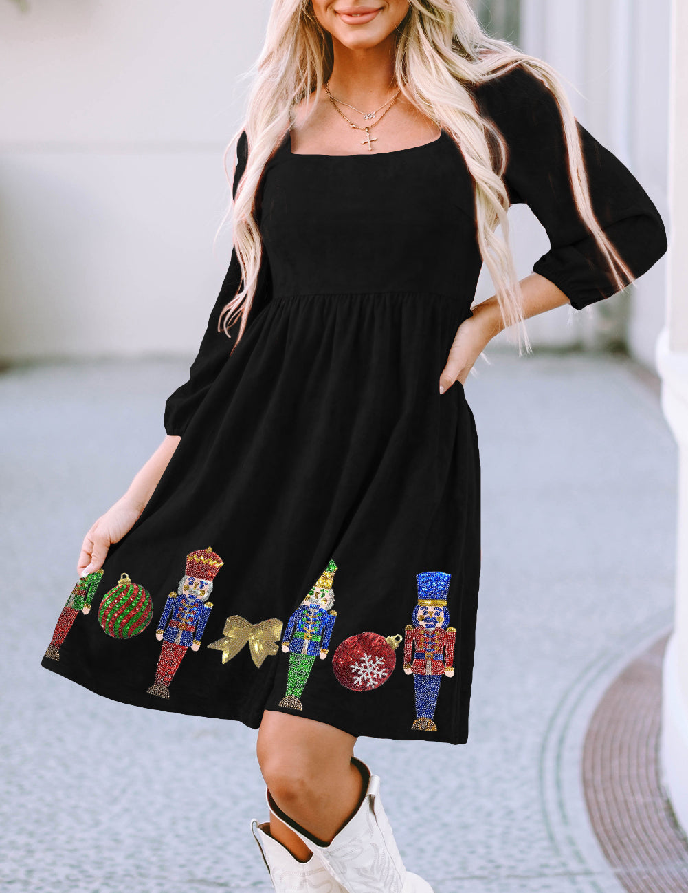 Sequined Christmas Nutcracker Square Neck Mini Dress