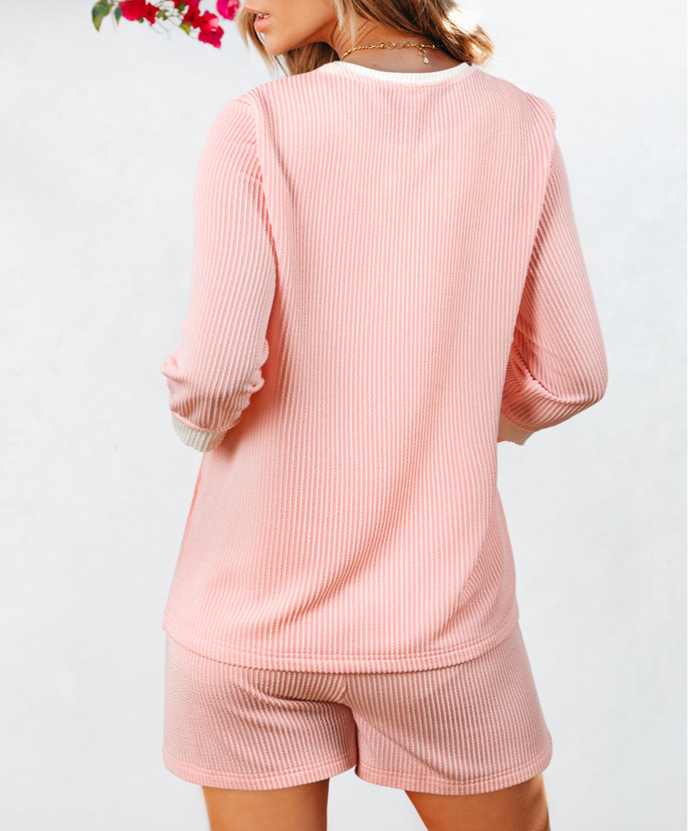 Corded Colorblock Long Sleeve Top and Shorts Set