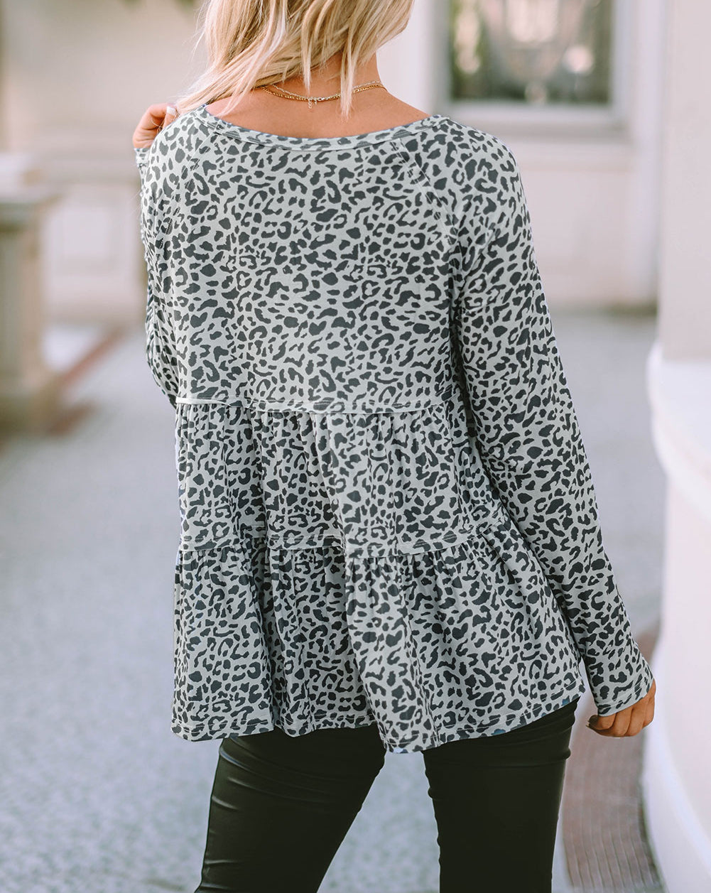 Leopard Print Long Sleeve Ruffled Babydoll Blouse
