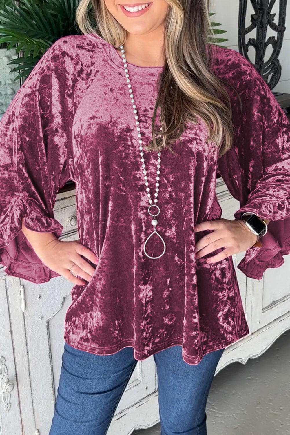 Dahlia Velvet Pagoda Sleeve Crew Neck Top