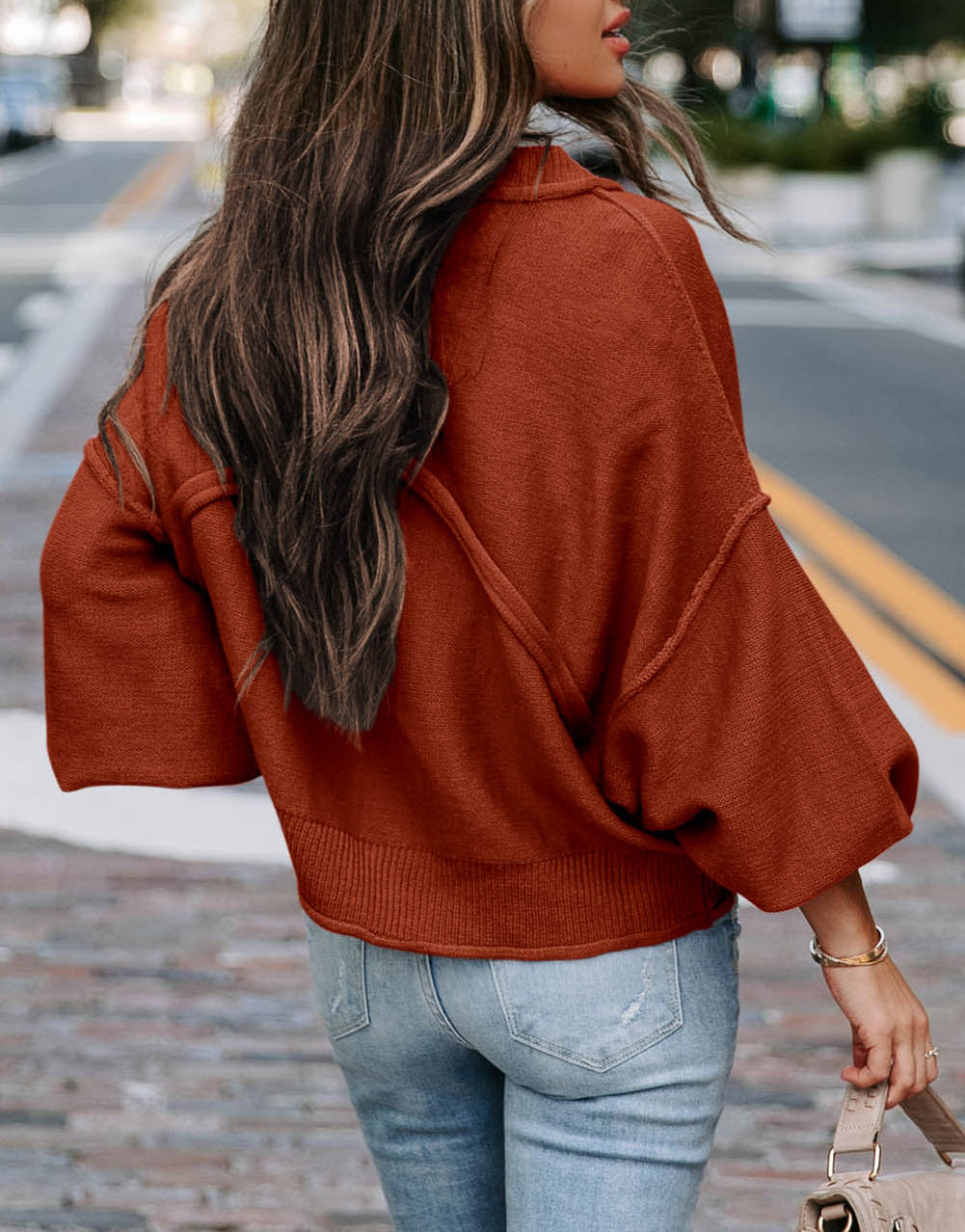 Raw Edge Patch Pocket Exposed Seam Loose Sweater