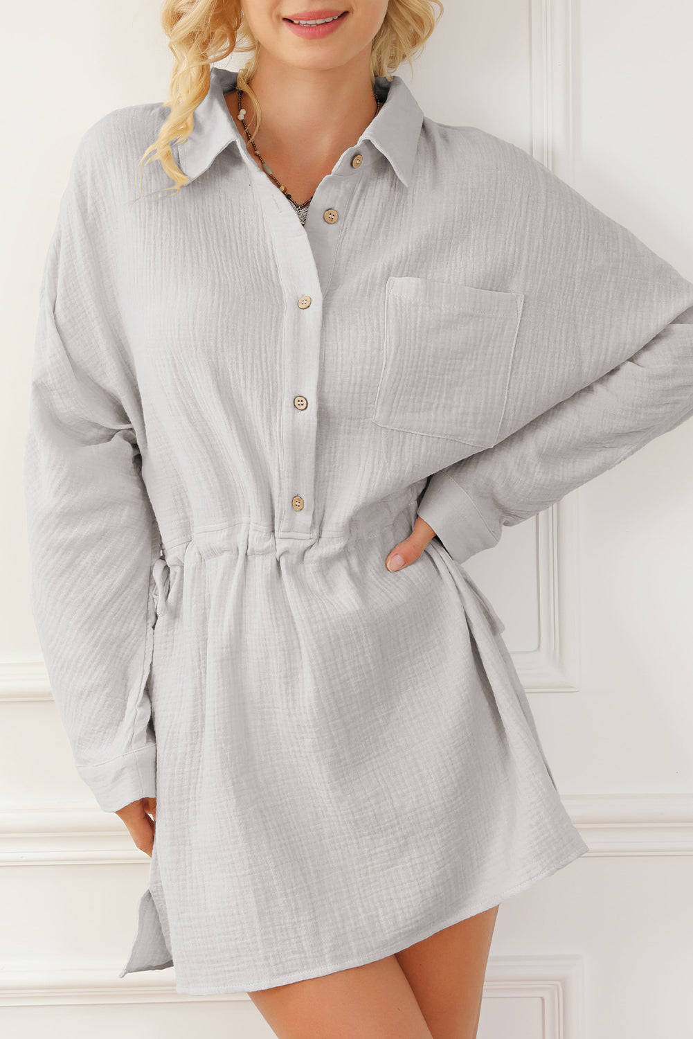 Rolled-Up Sleeve Buttoned Drawstring Textured Dress
