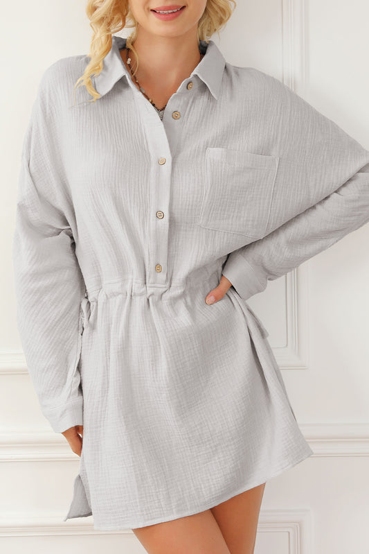 Rolled-Up Sleeve Buttoned Drawstring Textured Dress