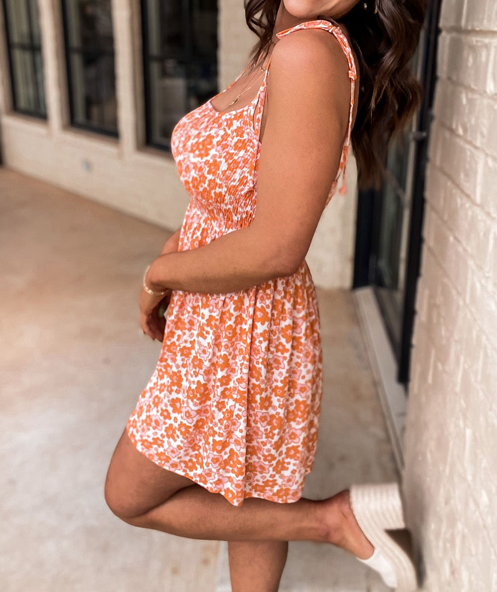 Boho Floral Print Shirred Thin Straps Romper
