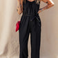 Textured Belted Wide Leg Sleeveless Jumpsuit