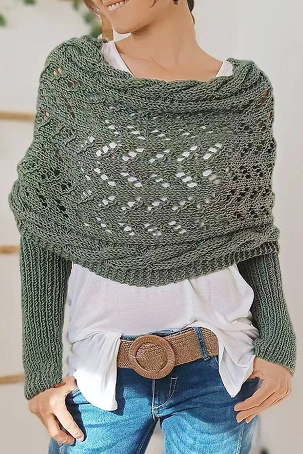 Cross Detail Hollowed Knit Scarf with Sleeves