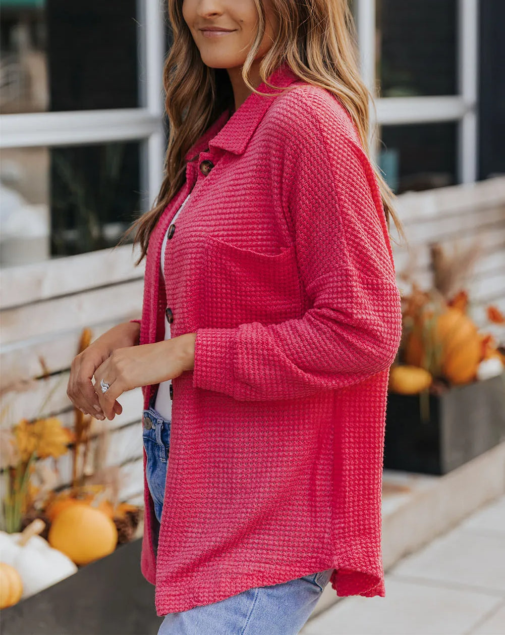 Pink Waffle Knit Button Up Casual Shirt