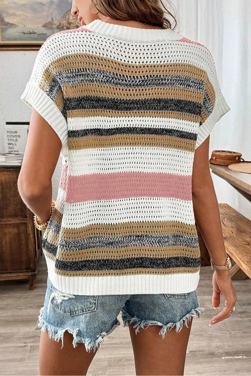 Stripe Color Block Eyelet Knit Short Sleeve Sweater Tee