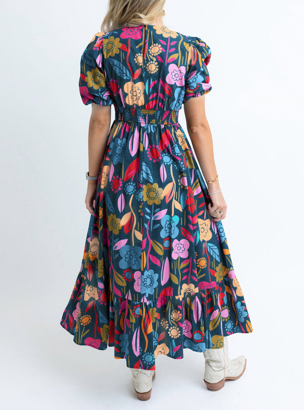 Retro Floral Printed Split Neck Maxi Dress