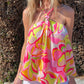 Abstract Floral Print Knotted Halter Tank Top