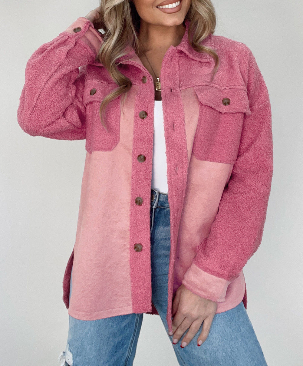 Colorblock Buttoned Flap Pocket Sherpa Shacket