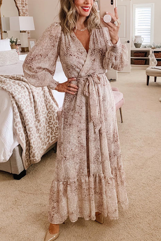 Surplice Neck Bubble Sleeve Maxi Dress with Sash