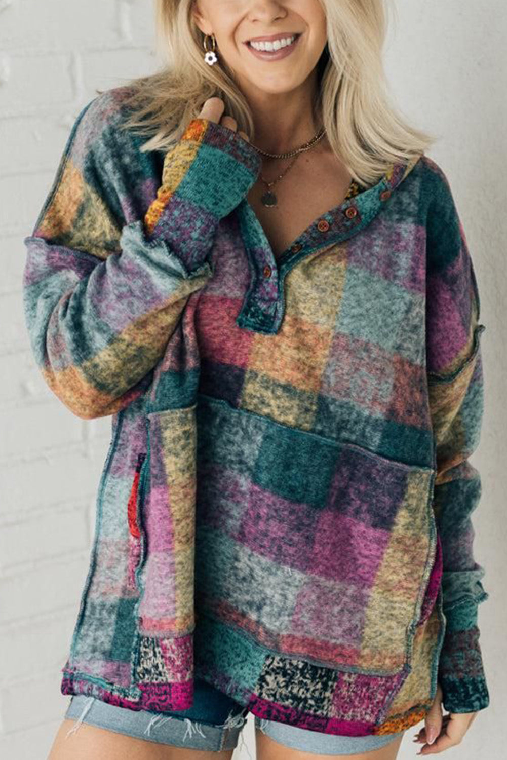 Brushed Plaid Buttoned Pullover Oversized Hoodie