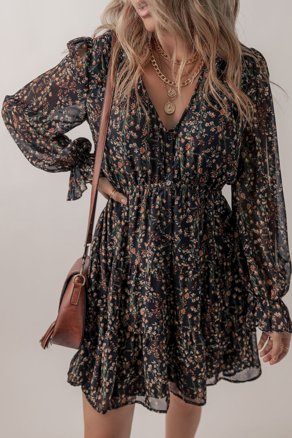 Floral Print V Neck Ruffled Puff Sleeve Mini Dress