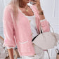 Ribbed Knit Scalloped Edge Side Pockets Buttoned Cardigan