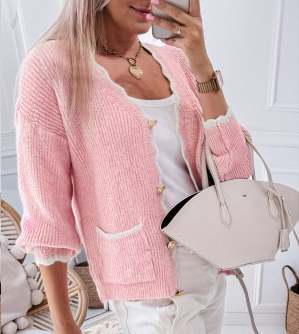 Ribbed Knit Scalloped Edge Side Pockets Buttoned Cardigan