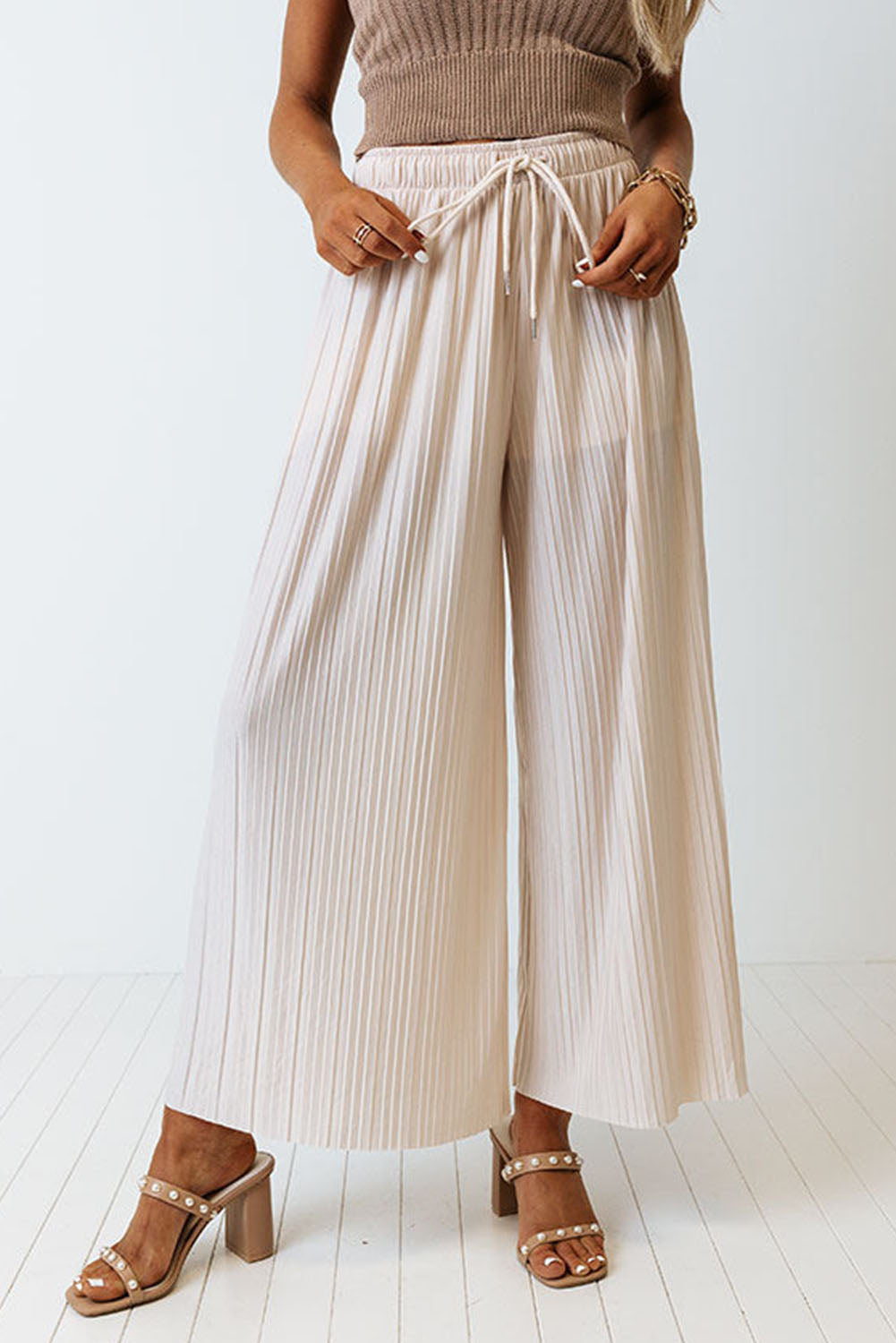 Apricot Drawstring Wide Leg Pleated Pants