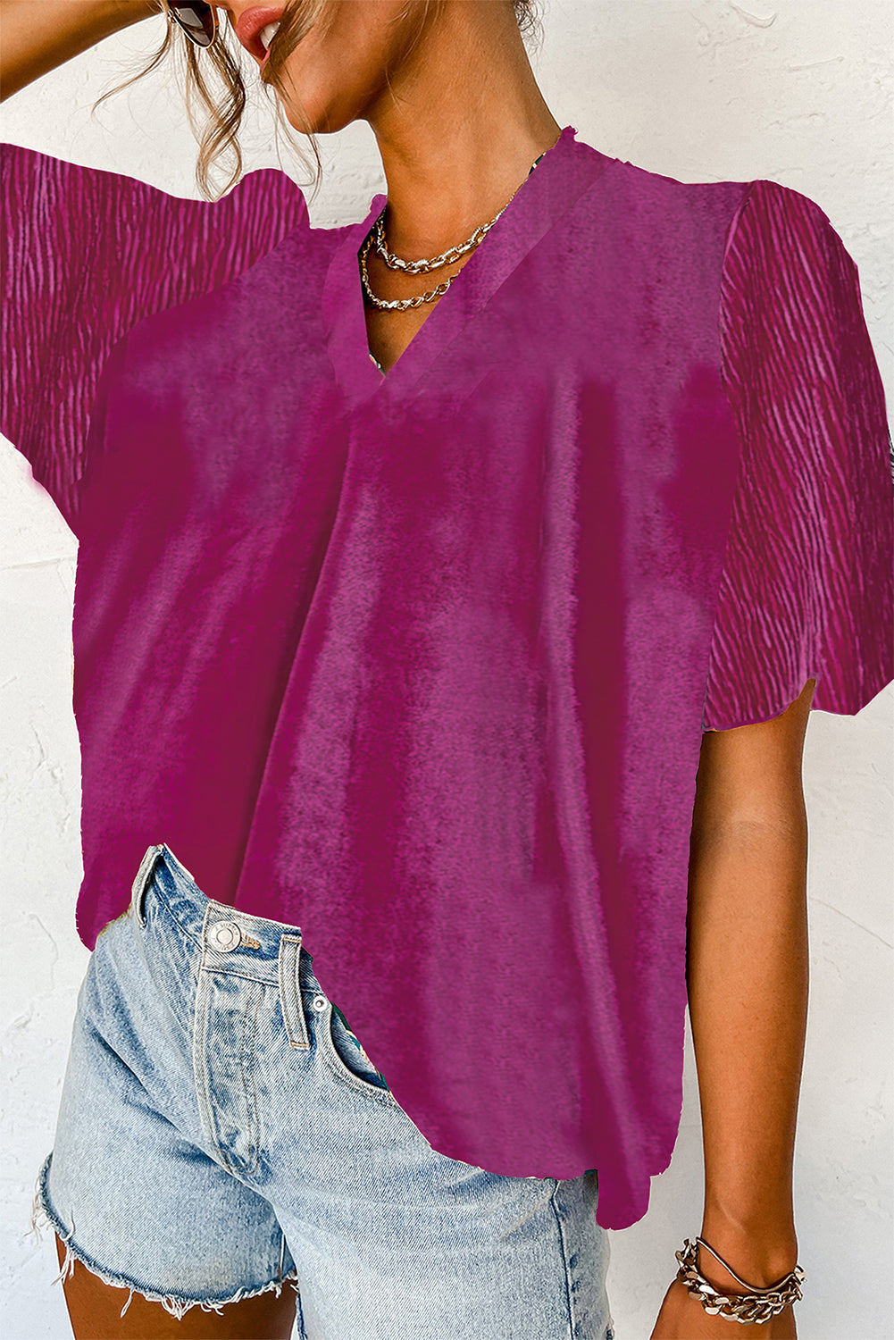 Pleated Bubble Short Sleeve V Neck Velvet Top