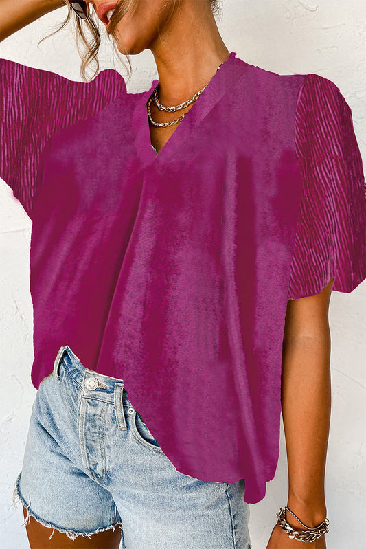 Pleated Bubble Short Sleeve V Neck Velvet Top