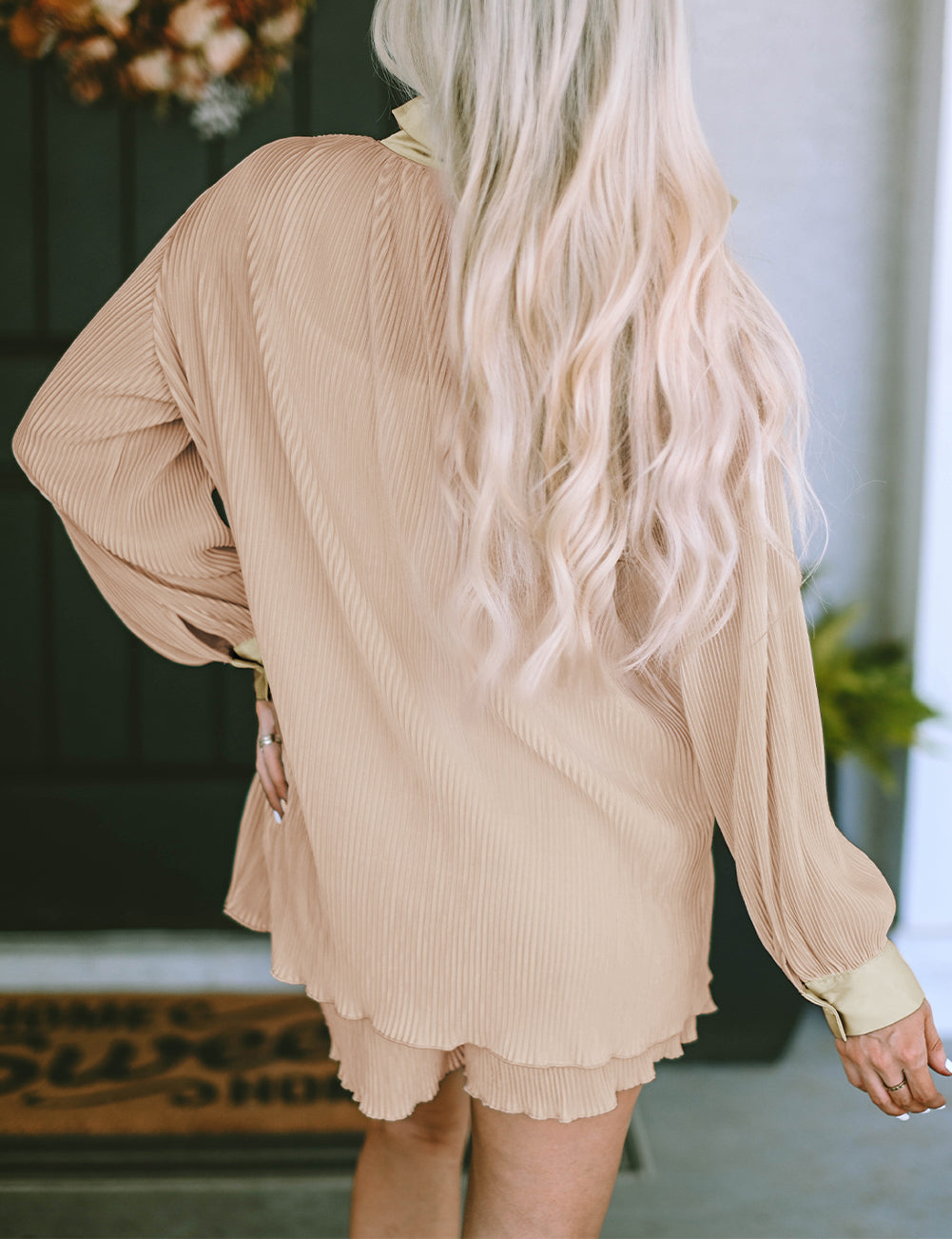 Pleated Long Sleeve Shirt and Shorts Lounge Set